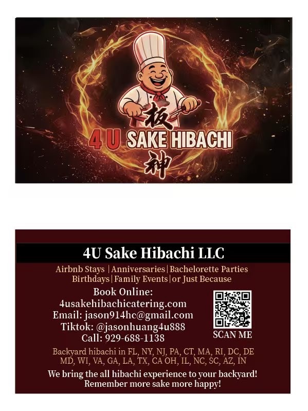 4U Sake Hibachi — contact card with phone, email, TikTok, and QR code