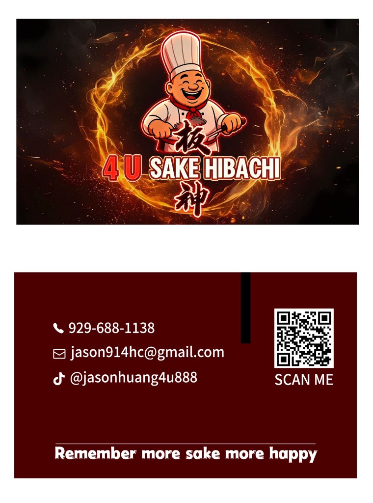 4U Sake Hibachi — contact card with phone, email, TikTok, and QR code